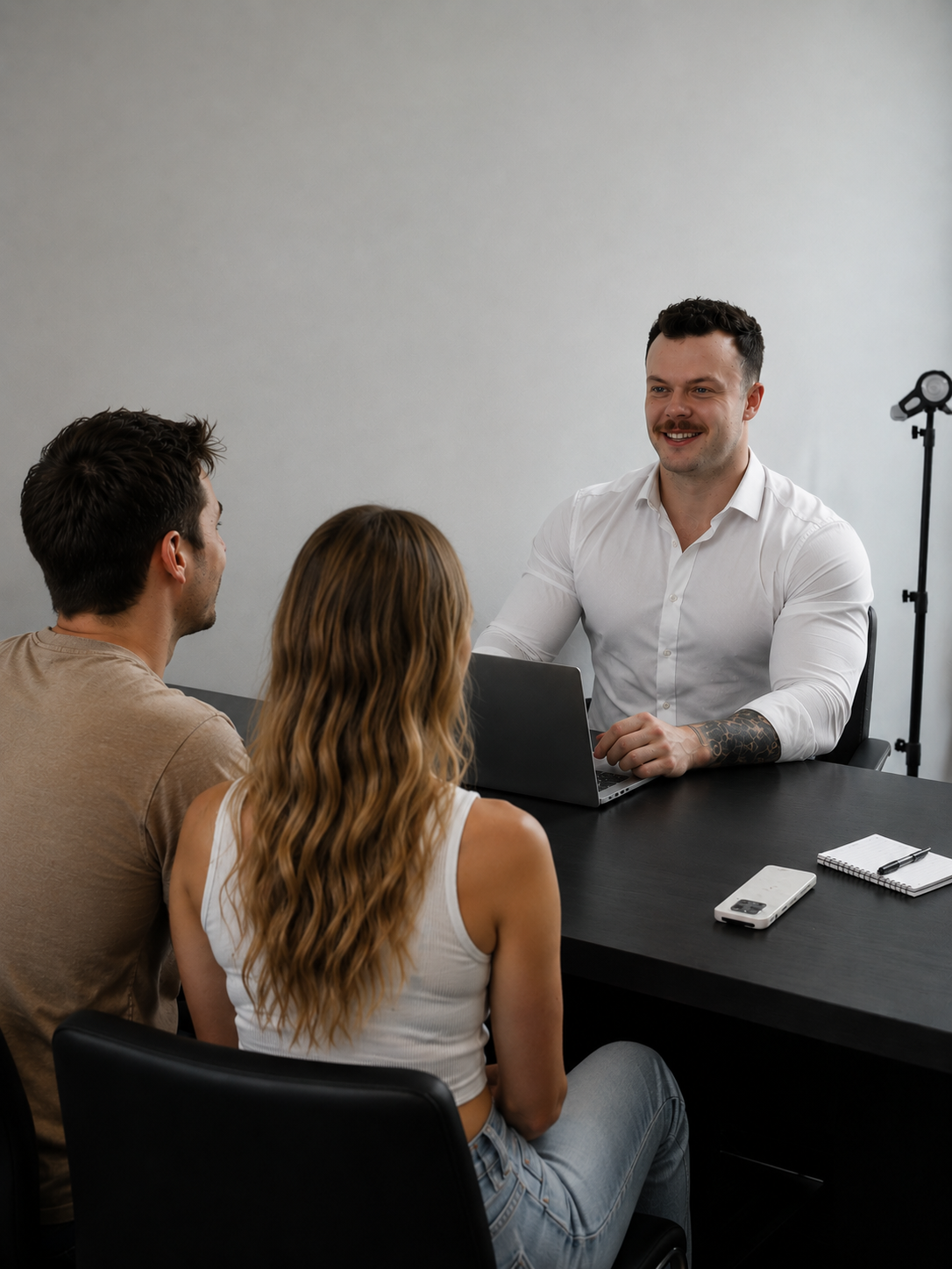 Coach in gesprek met een koppel aan tafel tijdens een intakegesprek